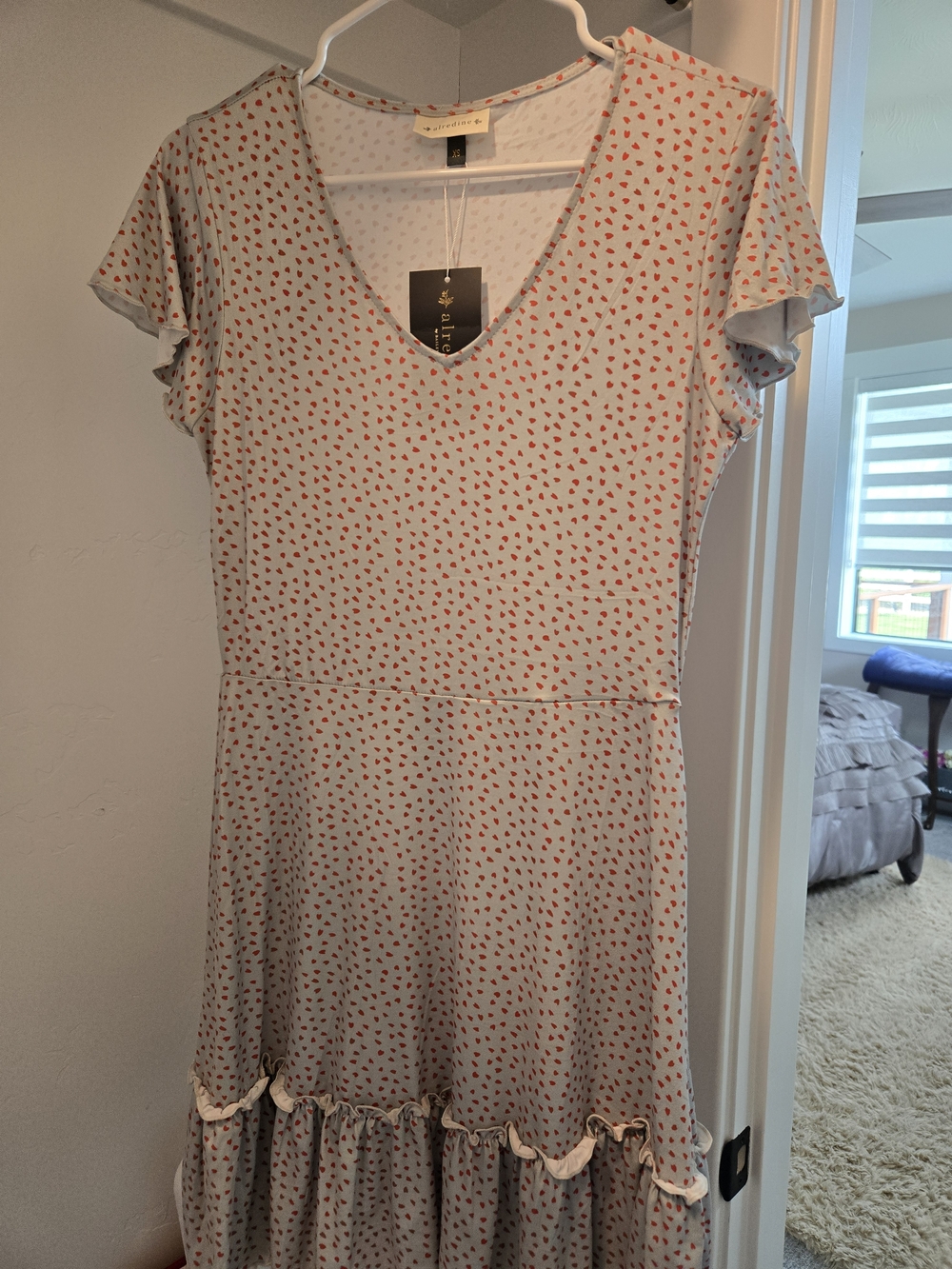 Heart-Print Midi Dress in Light Gray with Red Accent - V-Neck Ruffle Hem